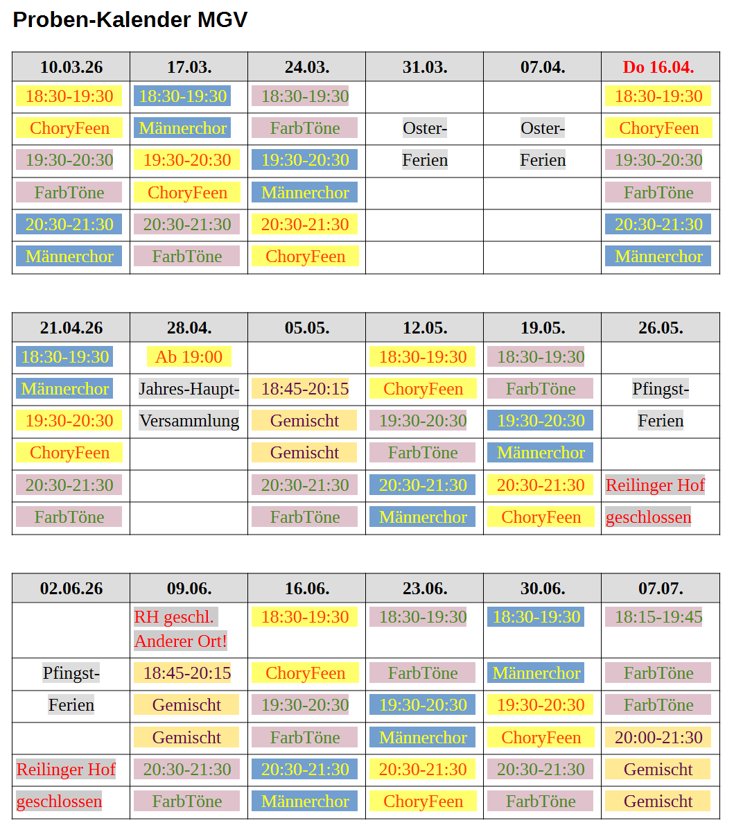 Probenkalender 2026 2. Quartat